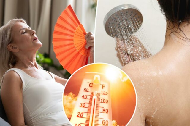 Uma mulher mais velha usa um ventilador para esfriar ao sentar no sofá.