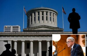 Esforços para revogar a proibição de Ohio em programas da faculdade dei, os ataques dos professores são curtos A silhueta do monumento William McKinley antes de Ohio Statehouse.