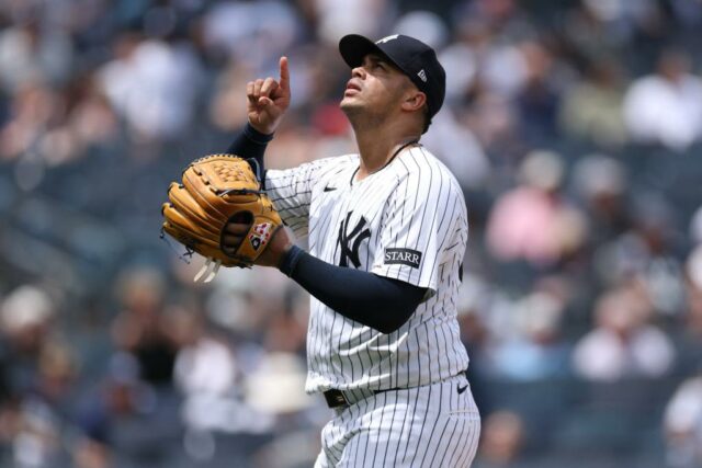 Fernando Cruz reage durante o jogo Yankees-Orony em 22 de junho de 2025. 