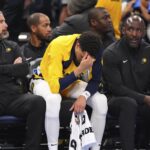 Indiana Pacers, centro, Tyrese Haliburton'u Protetor, a segunda metade da série de basquete da NBA Finals na segunda metade do jogo em 8 de junho de 2025 no domingo, Oklahoma City'deki reage contra o City Thunder. NBA Finals