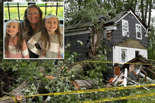 Garotas gêmeas mortas em uma condição de tempestade de NY depois que a árvore esmaga para casa, quando os vizinhos se assemelham a uma mãe devastada chorando por ajuda

