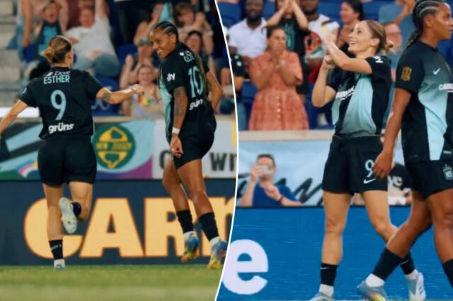 Esther Gonzalez comemora depois de filmar durante a partida Gotham FC-Bay FC 21 de junho de 2025.