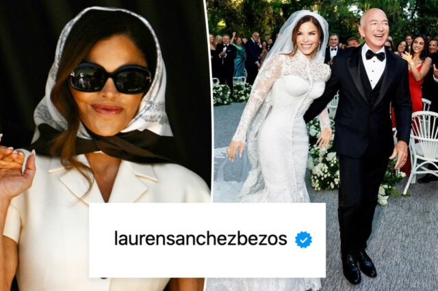 Lauren Sanchez e Jeff Bezos em trajes de casamento. 