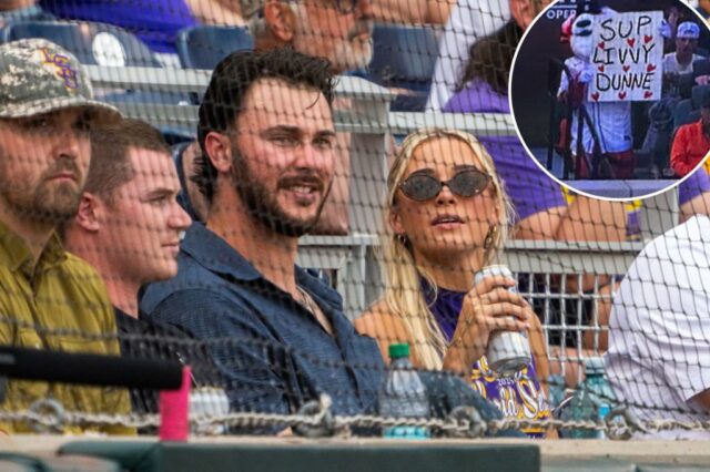 Paul Skenes e Livvy Dunne assistem a uma partida de beisebol.