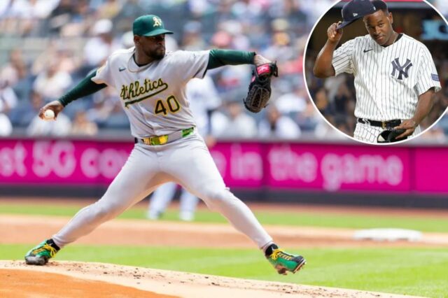 Luis Severino Bois durante o jogo A's-Yankees em 29 de junho de 2025. 