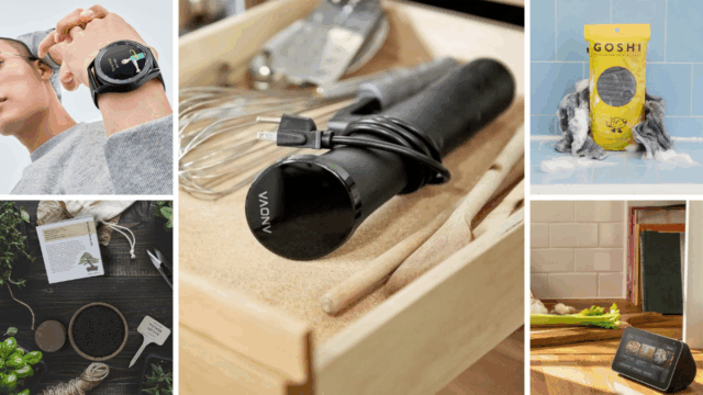 Colagem de presentes da Planter's Choice, Amazon Echo Show, Anova Culinary, Goshi e Samsung.