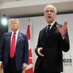 O primeiro -ministro canadense Mark Carney (à direita) interrompeu de repente uma sessão de perguntas e respostas com os repórteres com o presidente Donald Trump (à esquerda) durante sua reunião bilateral para iniciar a melhor reunião do G7 em Canana, Canadá, na segunda -feira