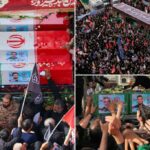 Multidões iranianas cantam "Death to America, Israel" durante um funeral para os melhores comandantes, os cientistas mortos em greves israelenses