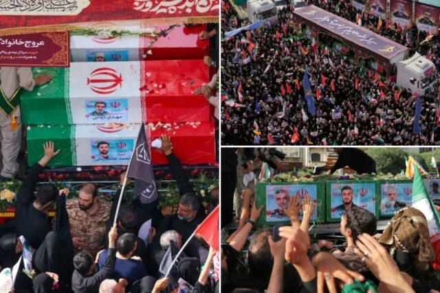 Multidões iranianas cantam "Death to America, Israel" durante um funeral para os melhores comandantes, os cientistas mortos em greves israelenses

