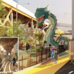 Ilustração do design do parque contendo uma grande estrutura do playground do Dragon sob uma pista ferroviária alta.