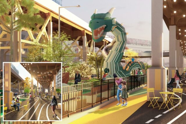 Ilustração do design do parque contendo uma grande estrutura do playground do Dragon sob uma pista ferroviária alta.