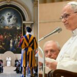 O papa Leo XIV fala no pódio.