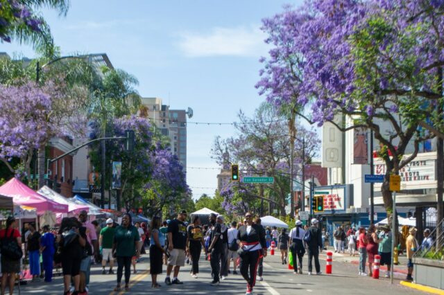 Um guarda -chuva decora o status de um vendedor durante a celebração do Juneteenth em San Jose em 14 de junho de 2025. (Padma Balaji/Mosaik)