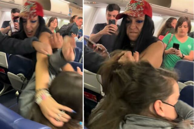 O filme selvagem mostra que o avião do passageiro agarra os cabelos de uma mulher em um estranho assustador durante o voo de Nova York: cópias

