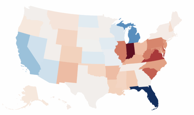 O mapa mostra os preços do gás reunidos nos Estados Unidos

