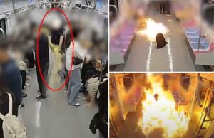 O momento aterrorizante Firebug começa a enlouquecer o inferno no metrô – raiva sobre o divórcio Material da CCTV do fogo no trem do metrô.