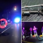 O motorista sem conta apresenta um mini Cooper da Ferry Dock em Puget Sound durante uma rápida perseguição policial, matando 2 passageiros
