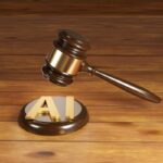 Wooden gavel with brass engraving band and golden alphabets AI on a round wood sound block. Illustration of the concept of legislation of artificial intelligence act and rules