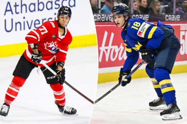 Victor Eklund #18 Equipes da Suécia no segundo período contra a equipe semi -final da Finlândia durante o campeonato mundial júnior IIHF em canadense no Canadian Tire Center em 4 de janeiro de 2025 em Ottawa, Ontário, Canadá.