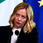 Prime Minister Giorgia Meloni makes statements to the press during the meeting with the Swedish Prime Minister at Palazzo Chigi, on February 26, 2025 in Rome, Italy.