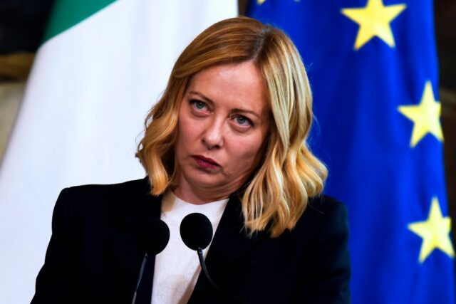 Prime Minister Giorgia Meloni makes statements to the press during the meeting with the Swedish Prime Minister at Palazzo Chigi, on February 26, 2025 in Rome, Italy.