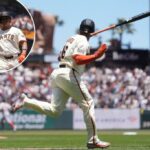 Rafael Devers, de San Francisco Giants, observa sua corrida de dois caminhos em casa durante a terceira rodada de uma partida de beisebol contra o Boston Red Sox em São Francisco, sábado, 21 de junho de 2025.