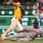 Ronny Mauricio, que foi 1 de 3 com uma caminhada, é ultrapassado em segundo lugar quando o Isiah Kiner-Falefa termina um jogo duplo na nona derrota do Mets por 9-1 com Pirates em 27 de junho de 2025.