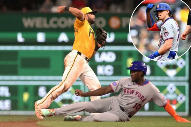 Ronny Mauricio, que foi 1 de 3 com uma caminhada, é ultrapassado em segundo lugar quando o Isiah Kiner-Falefa termina um jogo duplo na nona derrota do Mets por 9-1 com Pirates em 27 de junho de 2025.
