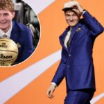 Liam Mcney comemora depois de selecionar o número 29 na versão da NBA Draft em 2025 em 25 de junho de 2025.