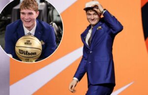 “Sem decepção” sobre a posição do esboço: UConn Star Liam Mcney comemora depois de selecionar o número 29 na versão da NBA Draft em 2025 em 25 de junho de 2025.