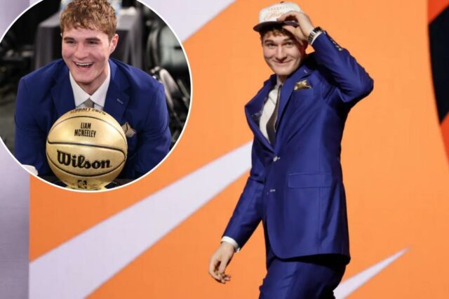 Liam Mcney comemora depois de selecionar o número 29 na versão da NBA Draft em 2025 em 25 de junho de 2025.