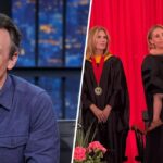 Seth Meyers elogia a esposa para pronunciar um discurso de formatura com sua filha doente ao seu lado