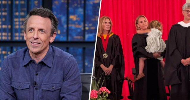 Seth Meyers elogia a esposa para pronunciar um discurso de formatura com sua filha doente ao seu lado

