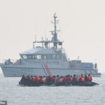 Um grupo de pessoas que se acredita serem migrantes são vistas aqui a bordo de um pequeno barco saindo da praia em Gravelines, França, ontem, na tentativa de chegar à Grã -Bretanha cruzando o canal