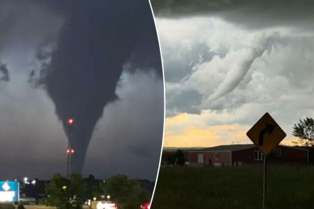 Tornado sobre a cidade à noite.