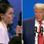 O repórter da BBC Myroslava Petsa pede ao presidente Donald Trump uma pergunta na conferência de imprensa da OTAN.
