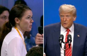 Trump compartilha a bolsa de valores com um jornalista ucraniano cujo marido é um soldado: “Desejo -lhe felicidade” O repórter da BBC Myroslava Petsa pede ao presidente Donald Trump uma pergunta na conferência de imprensa da OTAN.