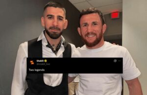 “Two Legends” – Ilia Topuria reage ao estabelecer uma conexão com Merab Dvalishvili antes do UFC 317 A reação dos fãs a Ilia Topuria conhece Merab Dvalishvili. (Captura de tela cortesia: @UFC em x)