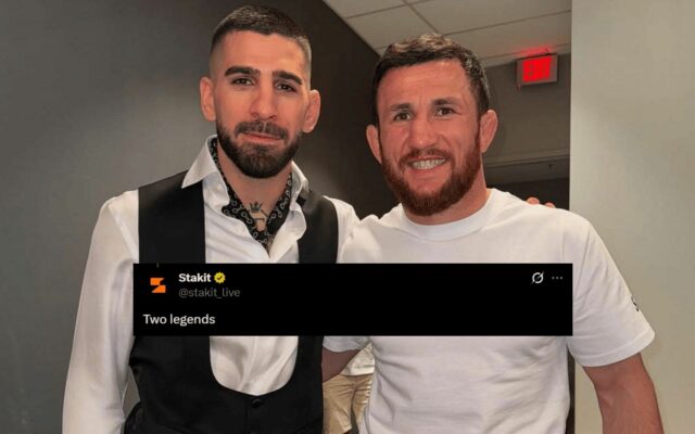 A reação dos fãs a Ilia Topuria conhece Merab Dvalishvili. (Captura de tela cortesia: @UFC em x)