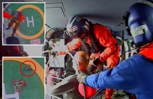 Um funcionário doentio arrancado de óleo alto em ousado resgate da Guarda Costeira: Vídeo A Guarda Costeira salva um homem da plataforma de petróleo.