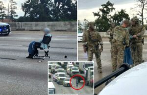 Uma mulher, 64 anos, estava sentada em uma cadeira em um gramado em uma rodovia movimentada no Texas durante uma hora de trabalho policial Uma mulher, 64 anos, estava sentada em uma cadeira em um gramado em uma rodovia movimentada no Texas durante uma hora de trabalho policial