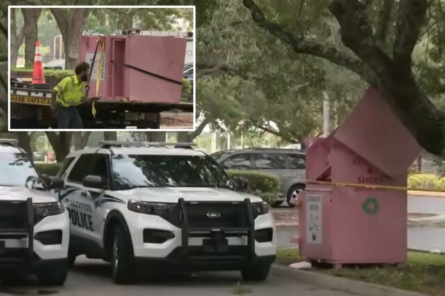 Carros da polícia perto da cesta de doações rosa.