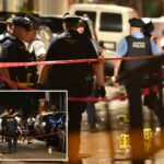Local de tiro em massa na Filadélfia, Pensilvânia; Policiais e marcadores de evidência são visíveis.