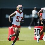 O Dee Winters (53), San Francisco 49ers, fala após o segundo dia de treinamento do campo de treinamento 49er na instalação de treinos no Levi's Stadium em Santa Clara, Califórnia, na quinta -feira, 24 de julho de 2025 (Doug Duran/Bay Area News Group). (Doug Duran/Bay Area News Group)