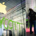 5th Avenue Apple Store pintada em spray pelos manifestantes pedindo a companhia de