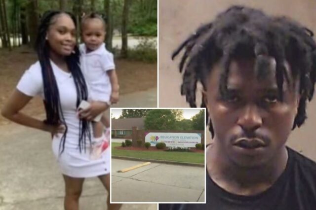 A Georgia Killer cospe nos promotores um momento depois de ser condenado à prisão perpétua pelo tiroteio fatal da mãe de seu filho em frente ao centro do jardim de infância

