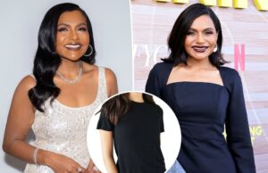 A camiseta t de Cashmere de Mindy Kaling pode ser sua por menos de US $ 50 Mindy Kaling em uma camiseta de caxemira piking