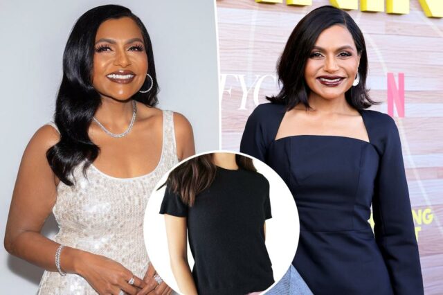 Mindy Kaling em uma camiseta de caxemira piking
