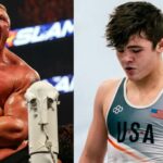 Bo Bassett posa com a imagem de Lesnar do Wrestling de Minnesota (Fonte da imagem: Instagram de Bassett)