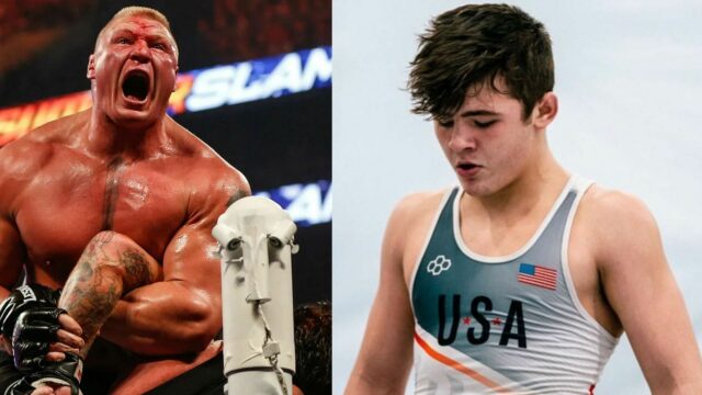 Bo Bassett posa com a imagem de Lesnar do Wrestling de Minnesota (Fonte da imagem: Instagram de Bassett)